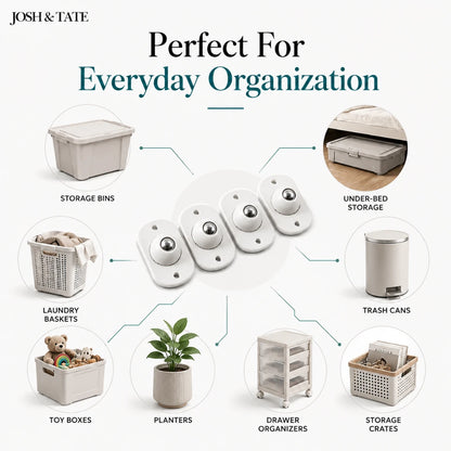 Josh & Tate - RollEase™ Universal Furniture Casters - Collection of storage and organization products with 'Josh & Tate' branding on a white background.