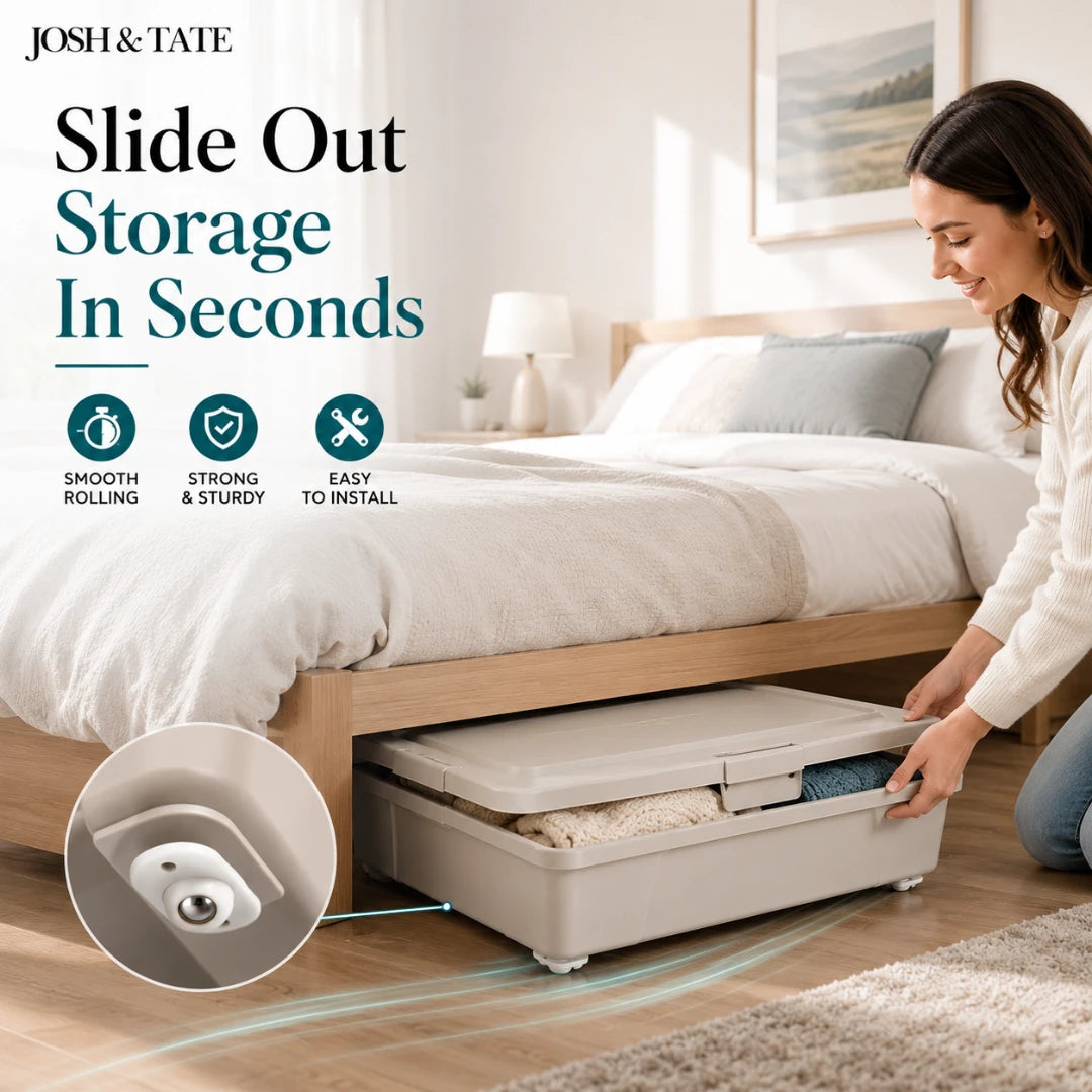 Josh & Tate - RollEase™ Universal Furniture Casters - Woman using a storage bin under a bed with 'Josh & Tate' branding and features listed.