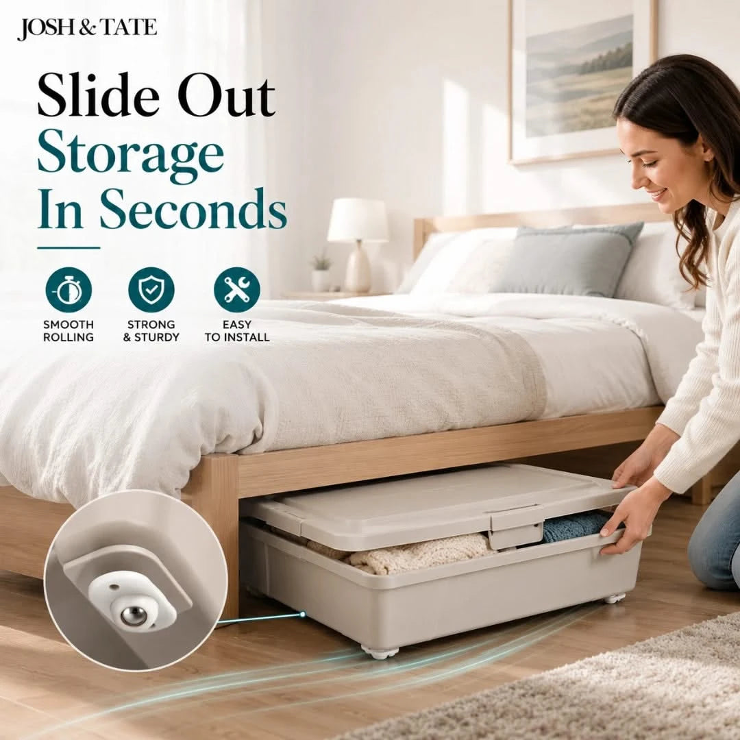 Josh & Tate - RollEase™ Universal Furniture Casters - Woman using a storage bin under a bed with 'Josh & Tate' branding and features listed.