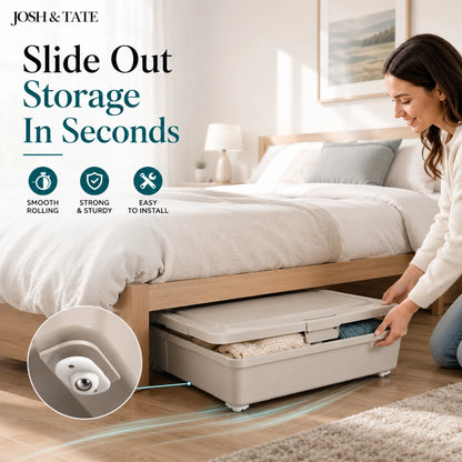 Josh & Tate - RollEase™ Universal Furniture Casters - Woman using a storage bin under a bed with 'Josh & Tate' branding and features listed.