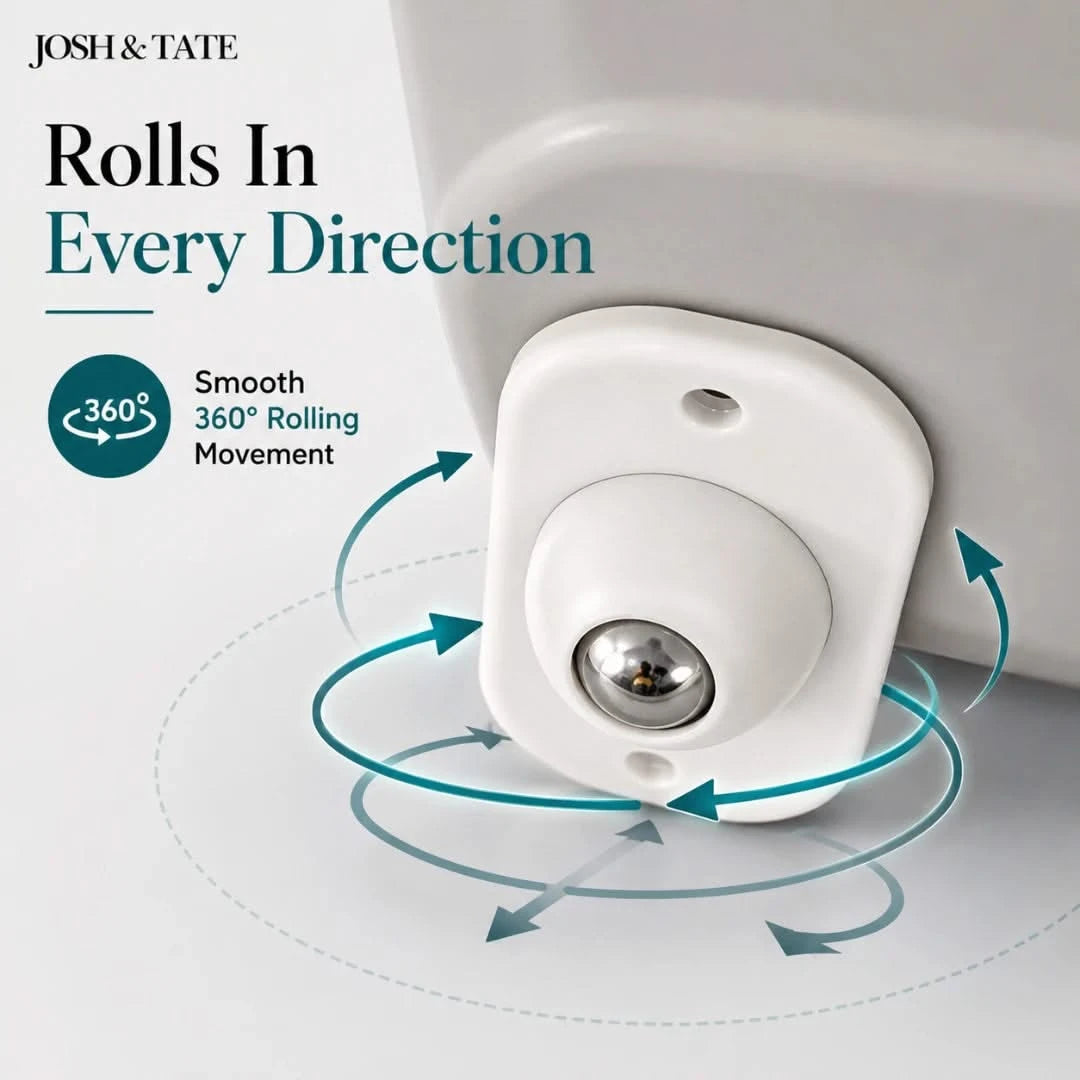 Josh & Tate -  RollEase™ Universal Furniture Casters - White cylindrical object with 360-degree rolling movement feature on a light gray background, branded 'Josh & Tate'.