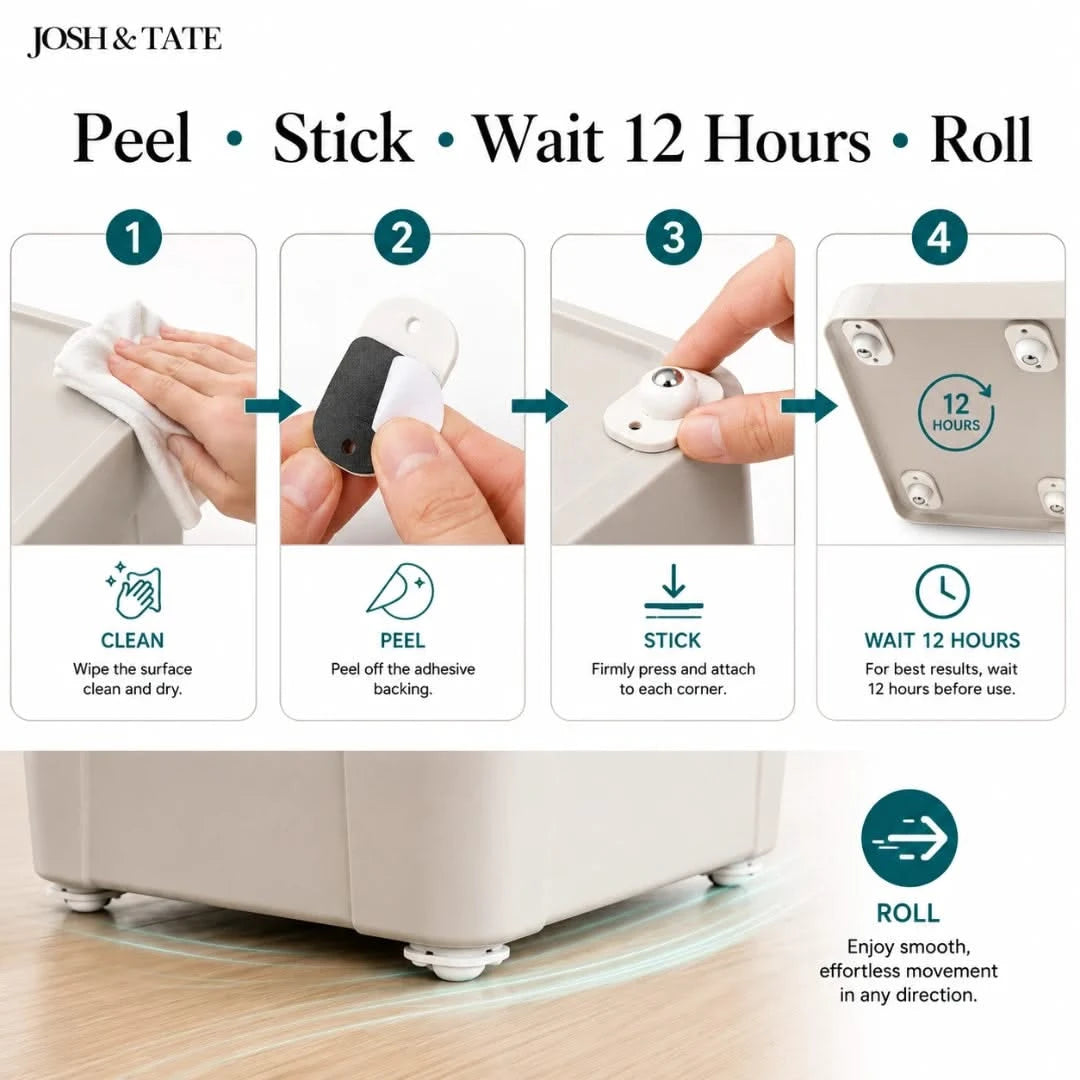 Josh & Tate - RollEase™ Universal Furniture Casters - Step-by-step guide for using a product with 'Josh & Tate' branding, showing cleaning, peeling, sticking, waiting, and rolling.