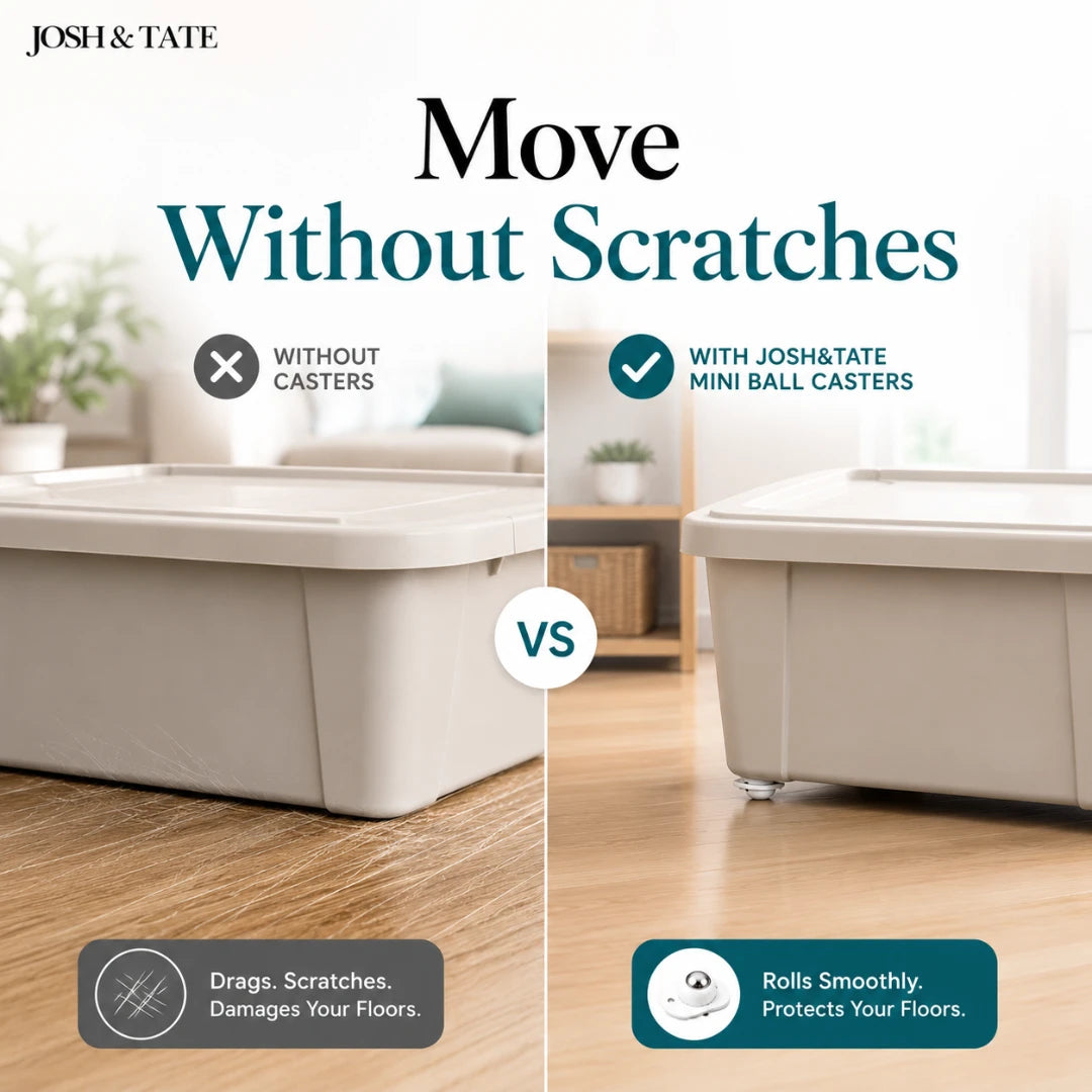 Josh & Tate - RollEase™ Universal Furniture Casters - Comparison of a storage bin with and without Josh & Tate mini ball casters on a wooden floor.