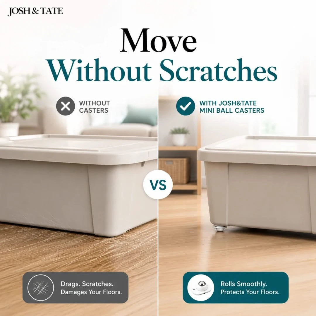 Josh & Tate - RollEase™ Universal Furniture Casters - Comparison of a storage bin with and without Josh & Tate mini ball casters on a wooden floor.