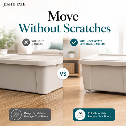 Josh & Tate - RollEase™ Universal Furniture Casters - Comparison of a storage bin with and without Josh & Tate mini ball casters on a wooden floor.