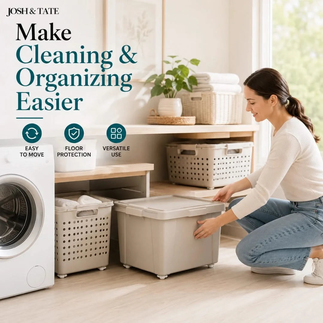 Josh & Tate - RollEase™ Universal Furniture Casters - Woman organizing laundry with storage bins in a home setting, featuring Josh & Tate products.