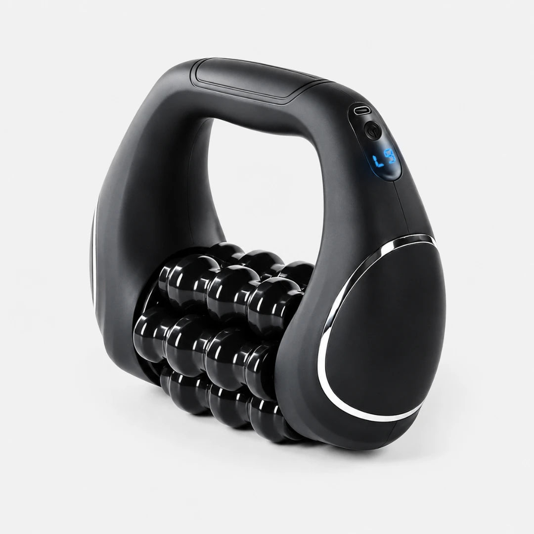 Josh & Tate - RollFlex™ 360 Full-Body Massager - A black handheld massage roller with a curved handle, textured ball roller bar, and a small blue digital display on the side, shown on a light gray background.