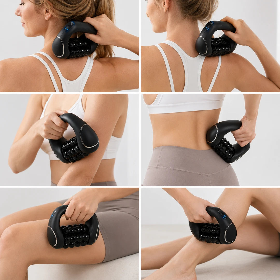 Josh & Tate - RollFlex™ 360 Full-Body Massager - Six-panel collage showing a woman using a black handheld back and shoulder massage roller on her neck, upper back, lower back, and thigh. The product is shown in use on a clean light background.
