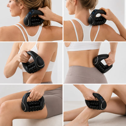Josh & Tate - RollFlex™ 360 Full-Body Massager - Six-panel collage showing a woman using a black handheld back and shoulder massage roller on her neck, upper back, lower back, and thigh. The product is shown in use on a clean light background.