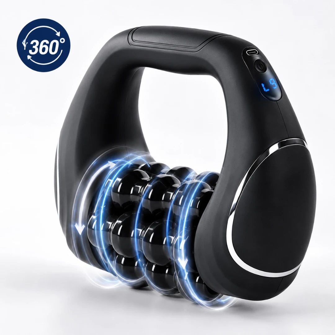 Josh & Tate - RollFlex™ 360 Full-Body Massager - Black handheld electric massage roller with rotating massage balls and blue LED light accents, shown on a light gray background with a blue 360-degree icon overlay.