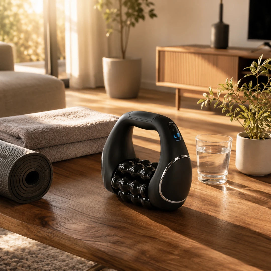 Josh & Tate - RollFlex™ 360 Full-Body Massager - A black handheld massage roller with a handle and spherical roller bar sits on a wooden coffee table in a warm, sunlit living room setting.