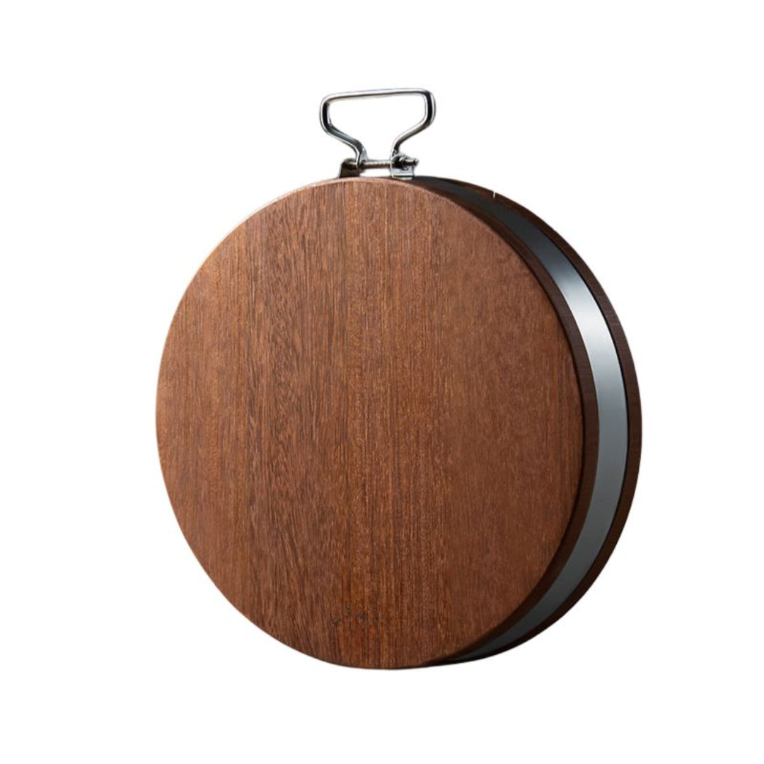Wooden compact mirror with metal frame on a white background