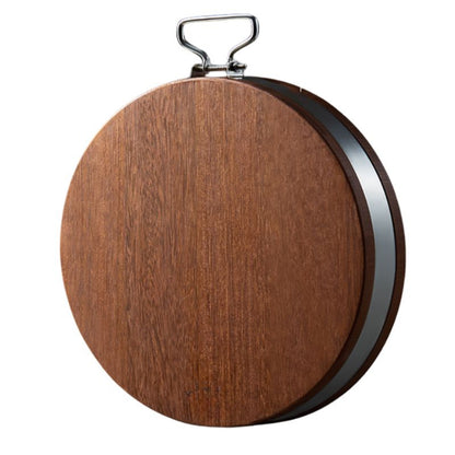 Wooden round object with metal handle on a white background