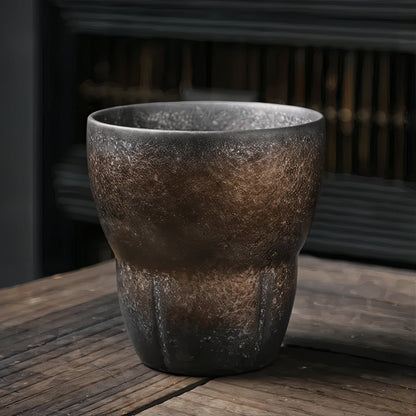 Textured ceramic cup on a wooden surface with a blurred background