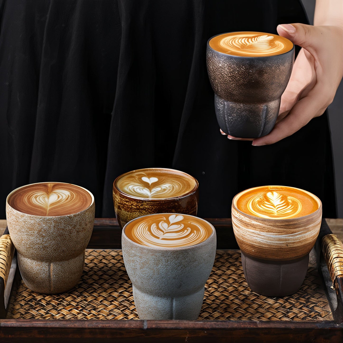 Four ceramic cups with latte art on a woven mat, one being held by a hand.