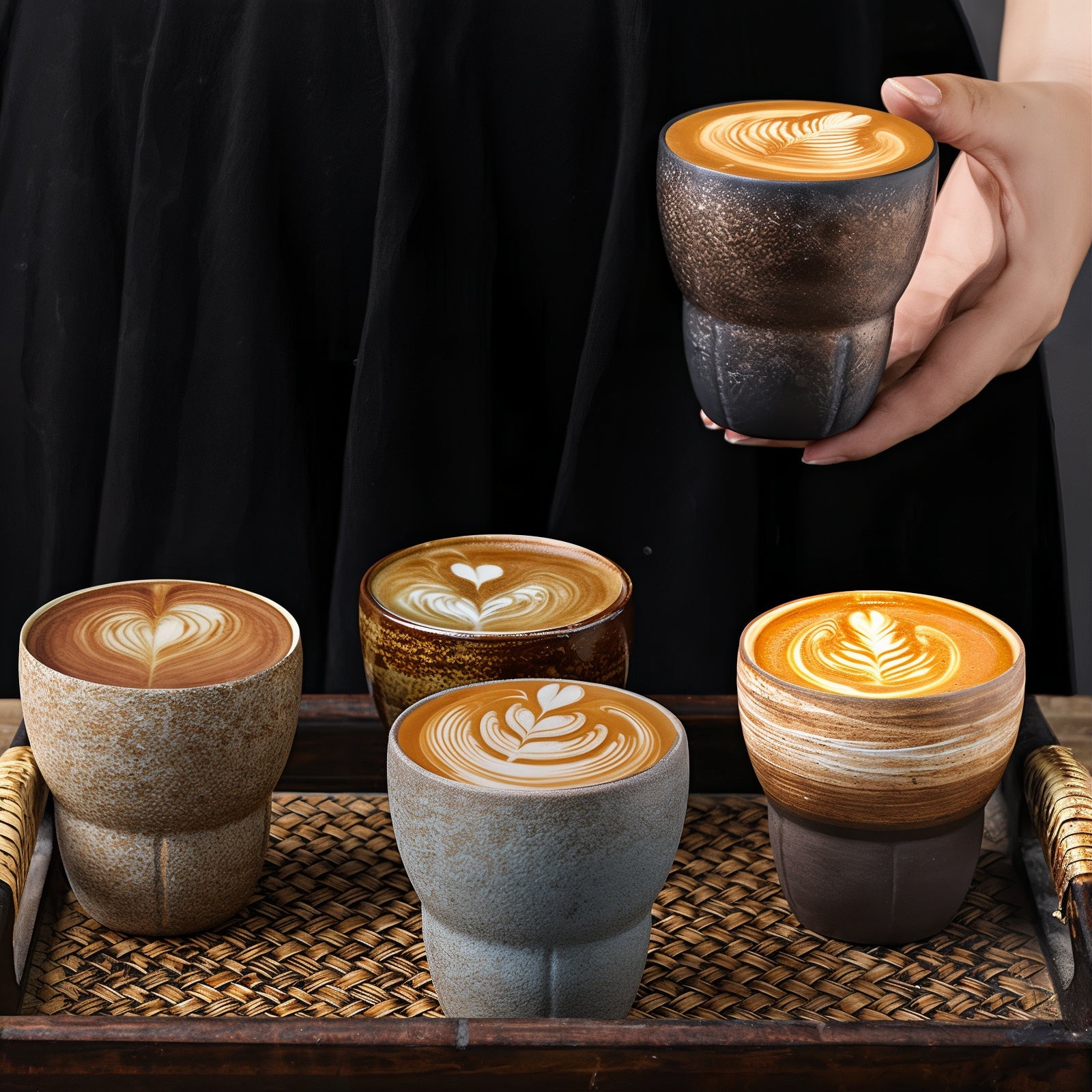 Four ceramic cups with latte art on a woven mat, one being held by a hand.
