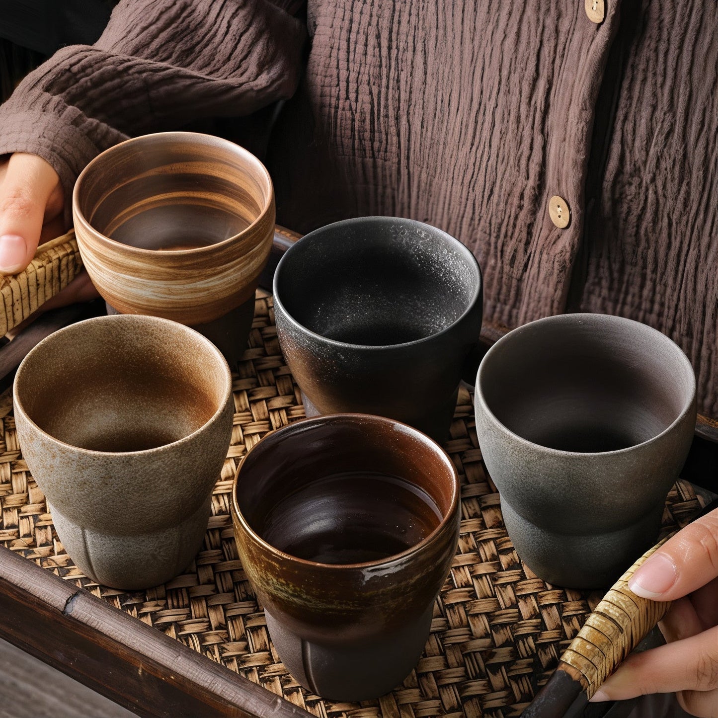 Set of ceramic cups on a woven mat with a person holding a brush.
