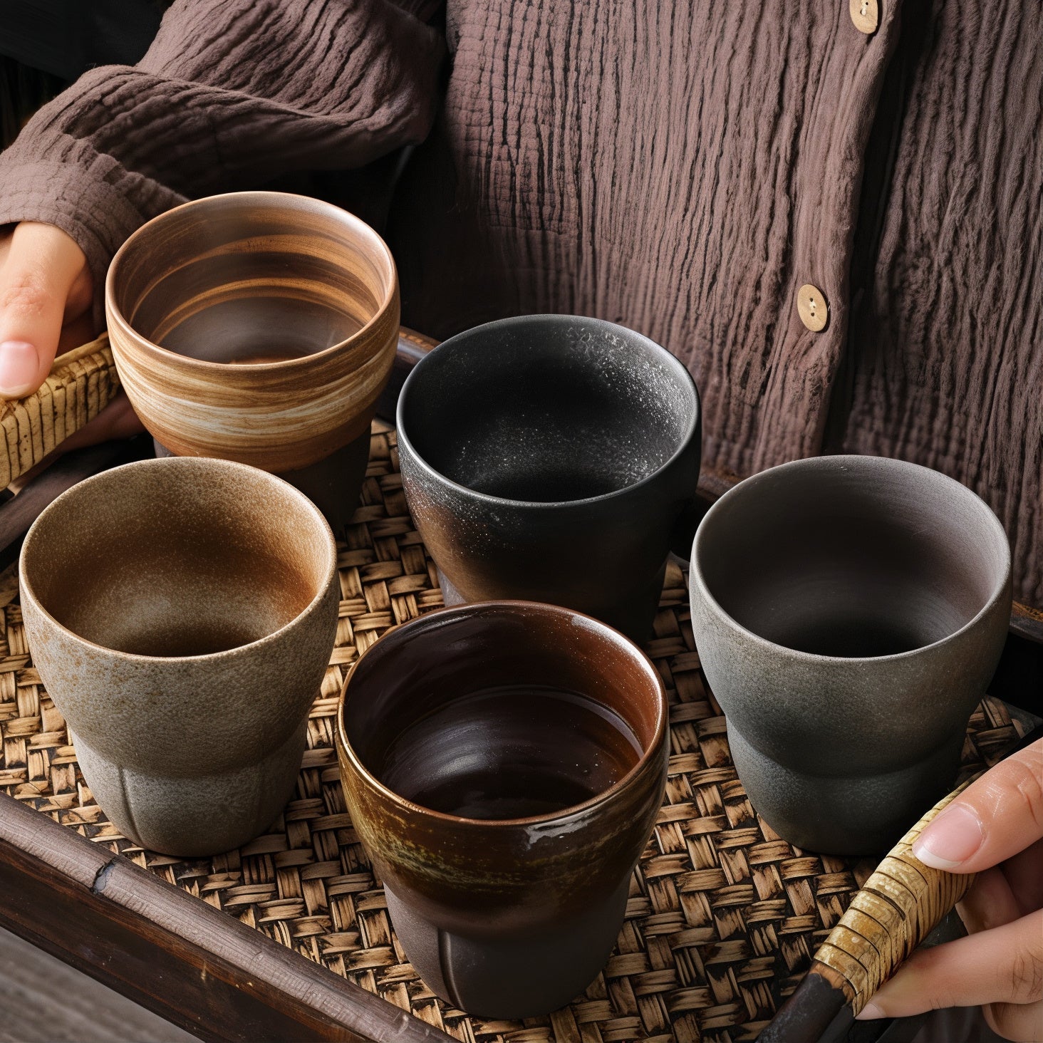Set of ceramic cups on a woven mat with a person holding a brush.