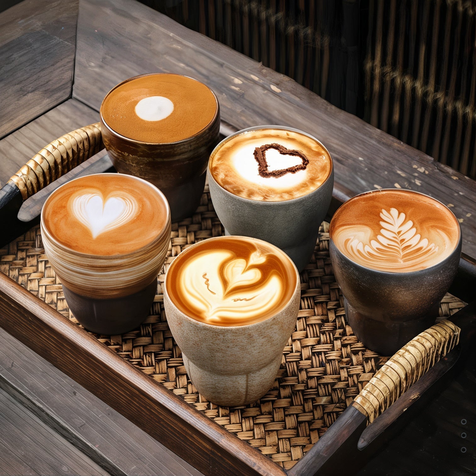 Five cups of coffee with various latte art designs on a wooden tray.