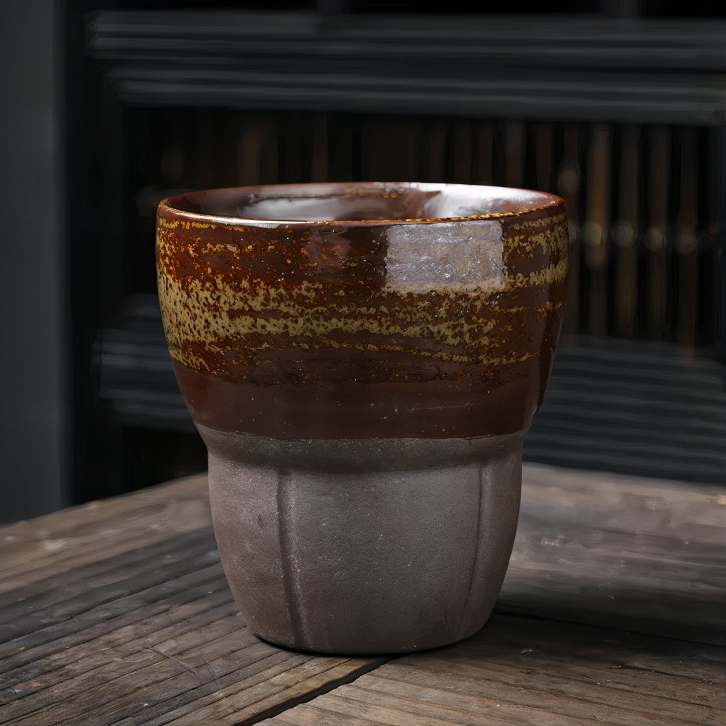 Brown ceramic cup on a wooden surface with a blurred background