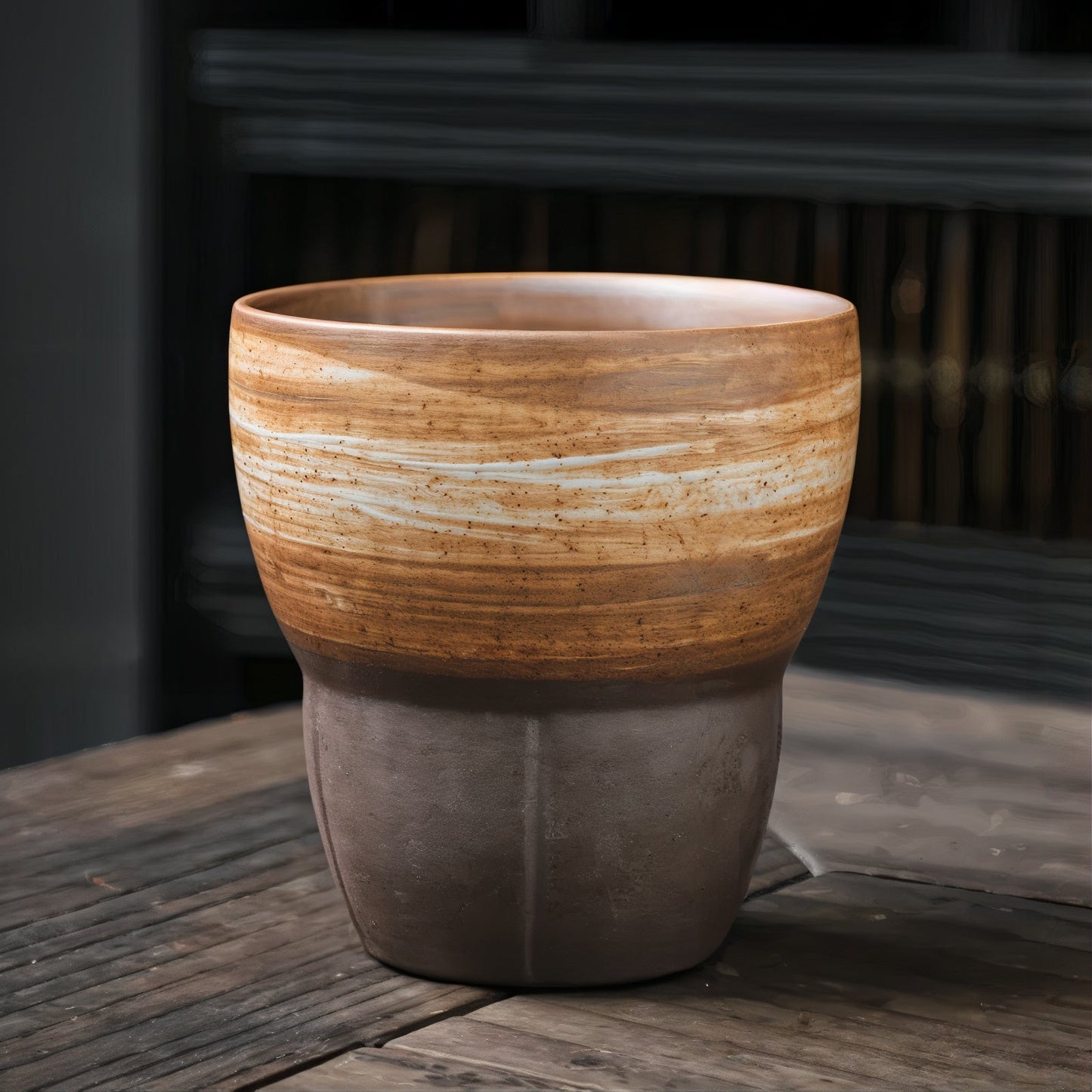 Ceramic planter with striped design on a wooden surface