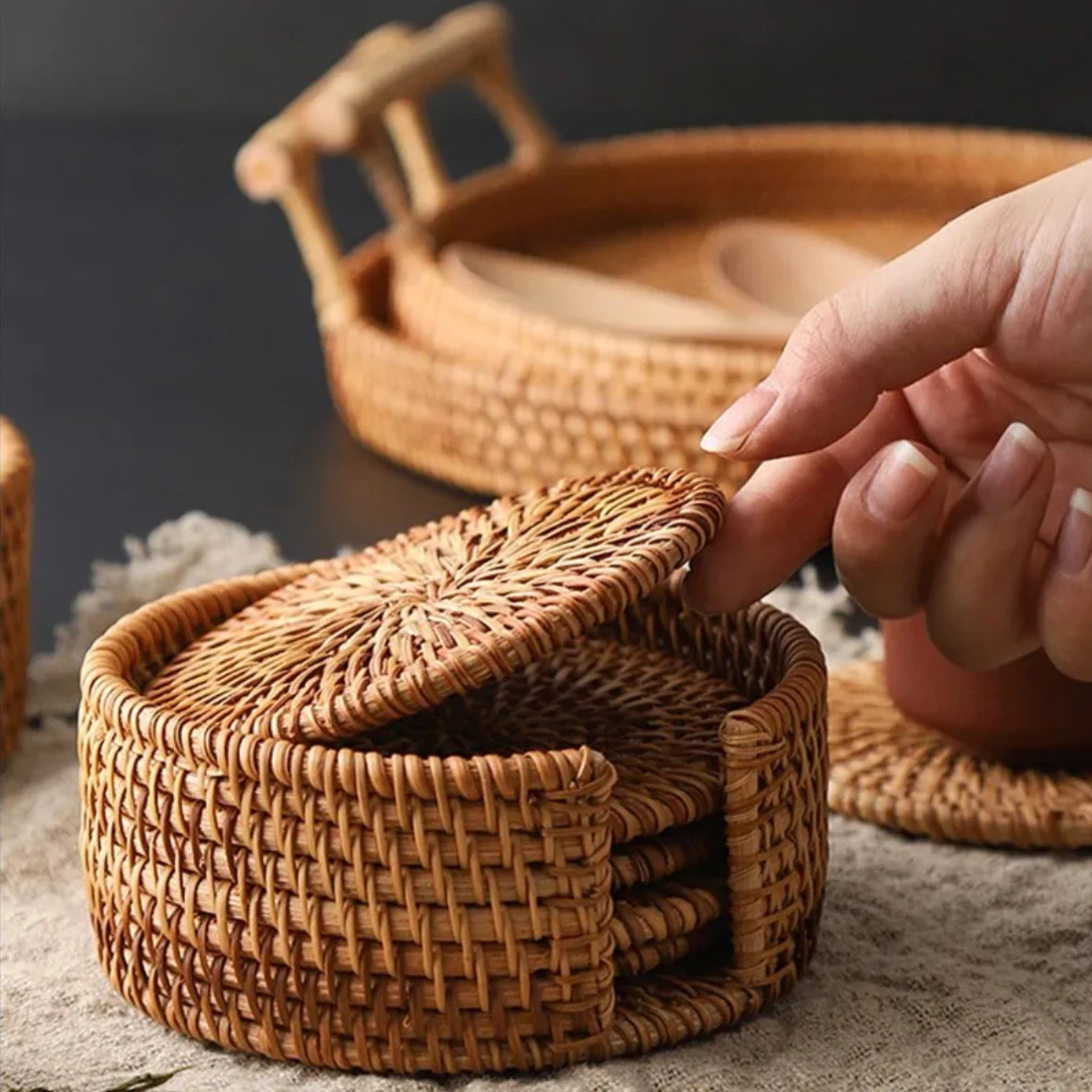 Rustic Weave Bamboo Rattan Coaster Set