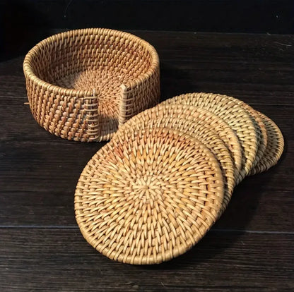 Rustic Weave Bamboo Rattan Coaster Set