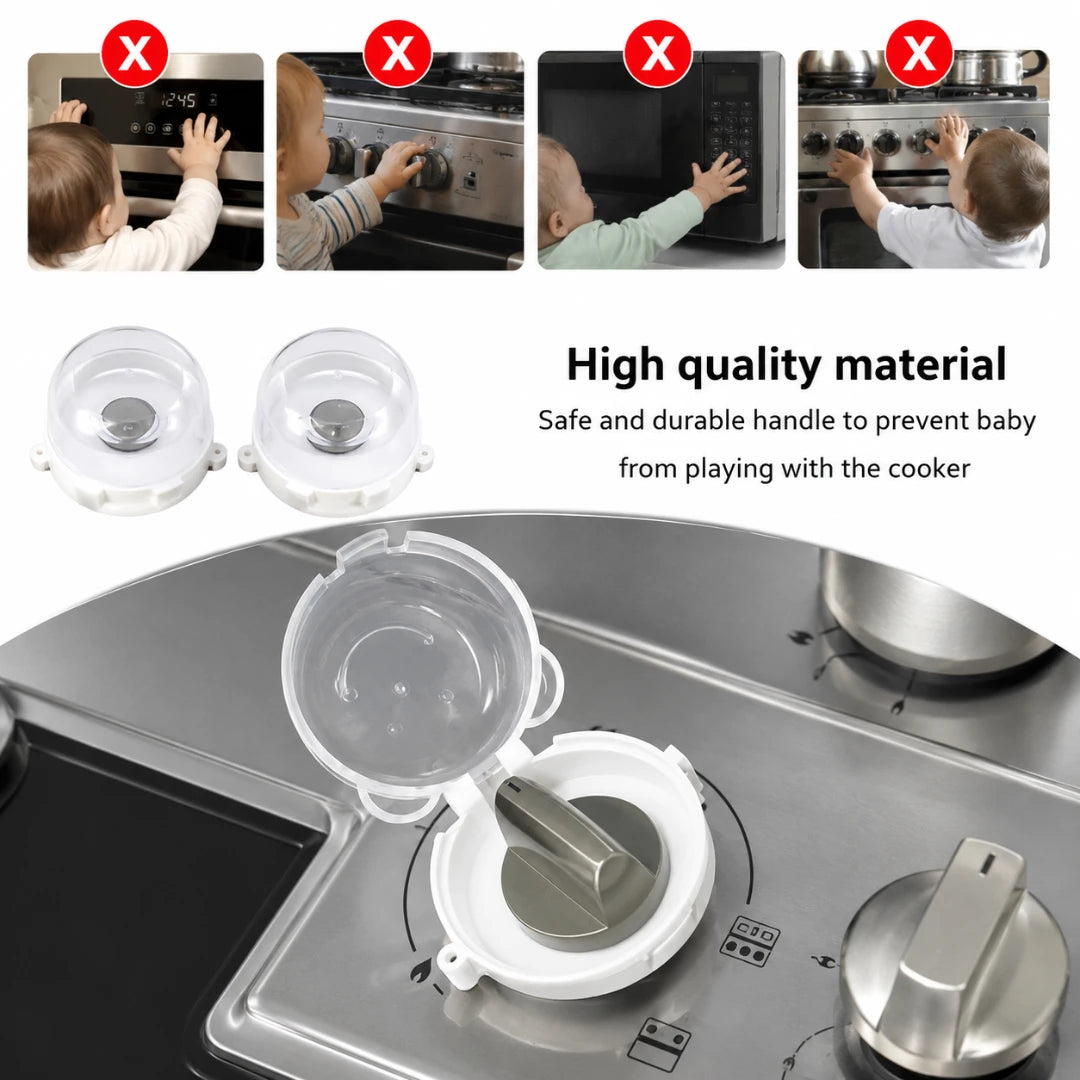 Josh & Tate - SafeKnob™ Child Safety Stove Covers - White plastic stovetop burner caps designed to prevent babies from playing with the stove, shown on a stainless steel stovetop. The image includes a feature demonstration with an open cap on the burner, a row of three example photos showing babies touching stoves (marked with red X's), and text highlighting high-quality material.