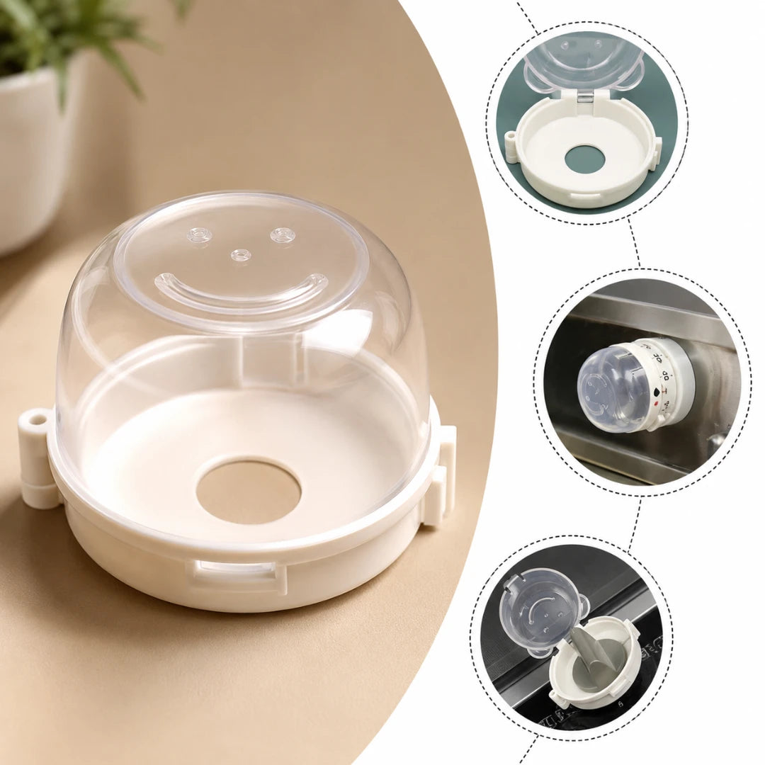 Josh & Tate - SafeKnob™ Child Safety Stove Covers - A clear plastic dome lid with a white base, shown on a beige tabletop with three circular inset detail views on the right showing different angles and installation/use details.