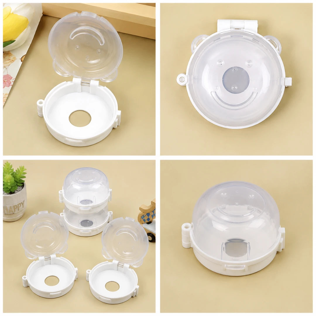 Josh & Tate - SafeKnob™ Child Safety Stove Covers - A 2x2 collage showing a small white plastic round container with a clear translucent lid from different angles. The product is displayed on a beige background with a few small decorative props in some panels.
