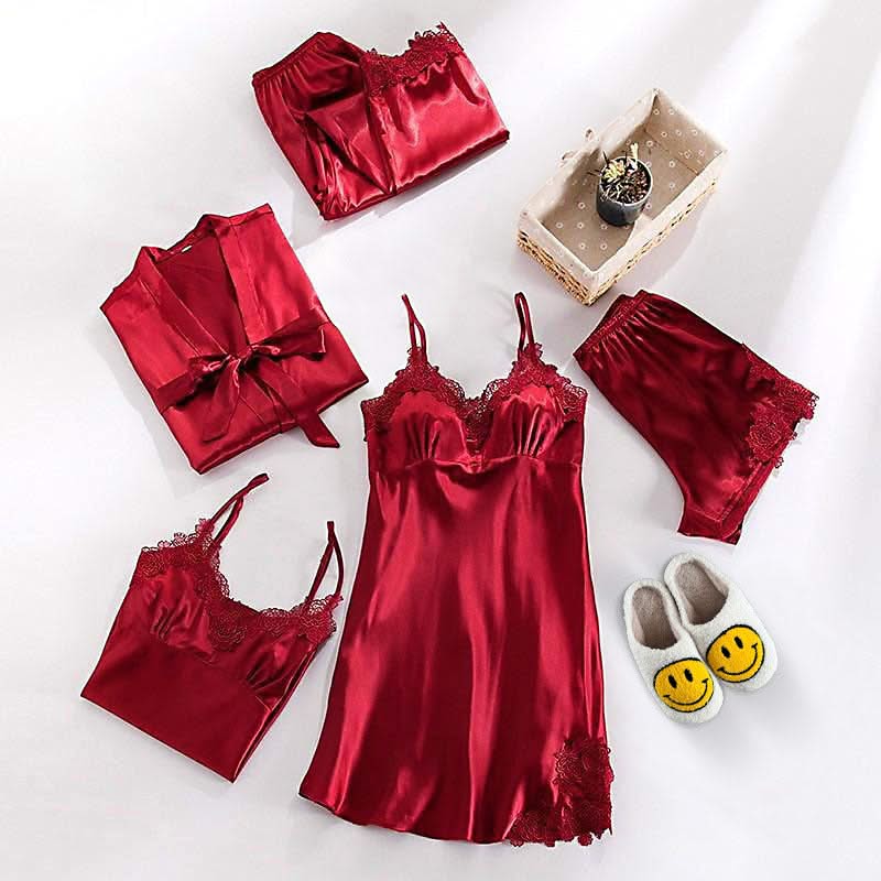 Red satin lingerie set with matching robe and slippers on a white background