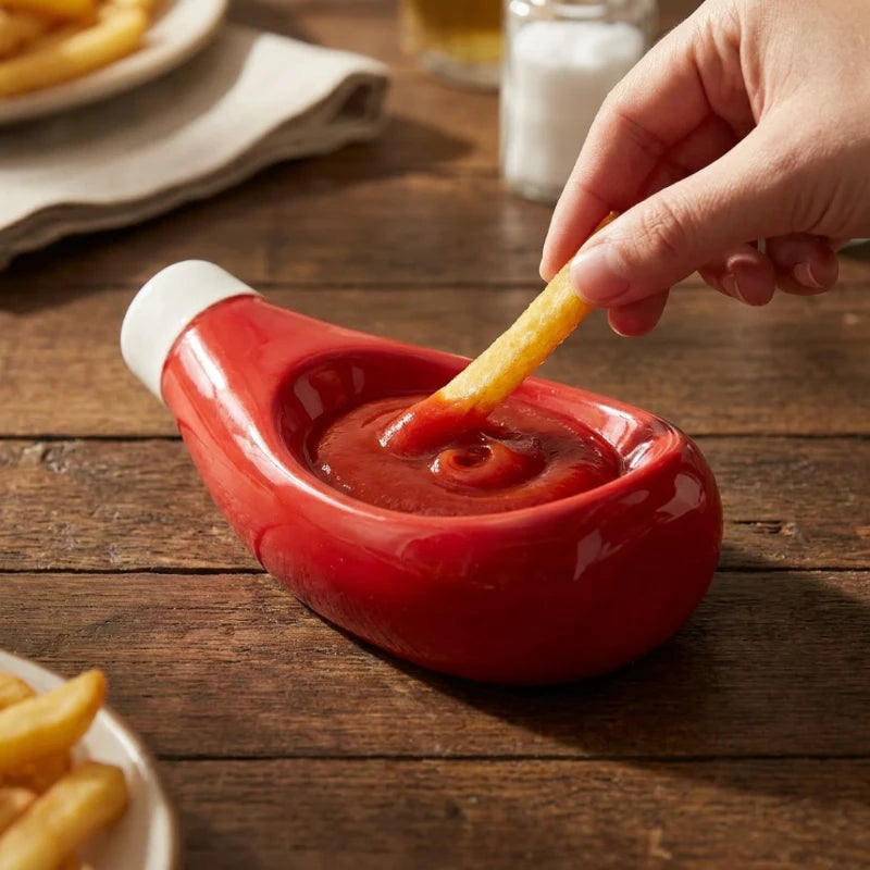 Josh & Tate - SaucePad™ Condiment Dip Tray - Hand dipping a french fry into a red ketchup container on a wooden table with fries and a glass in the background.