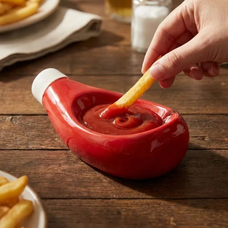 Josh & Tate - SaucePad™ Condiment Dip Tray - Hand dipping a french fry into a red ketchup container on a wooden table with fries and a glass in the background.