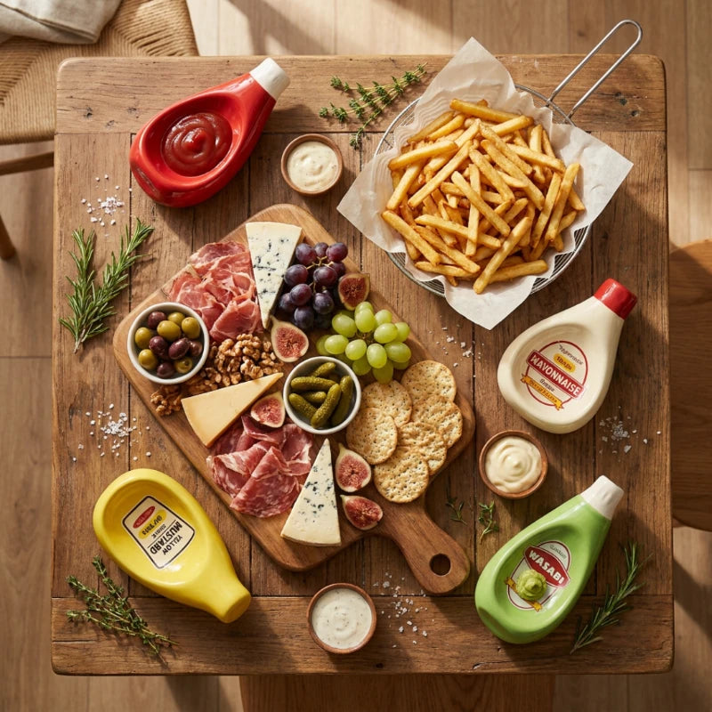 Josh & Tate - SaucePad™ Condiment Dip Tray - Wooden board with charcuterie, fruits, and condiments on a wooden table.