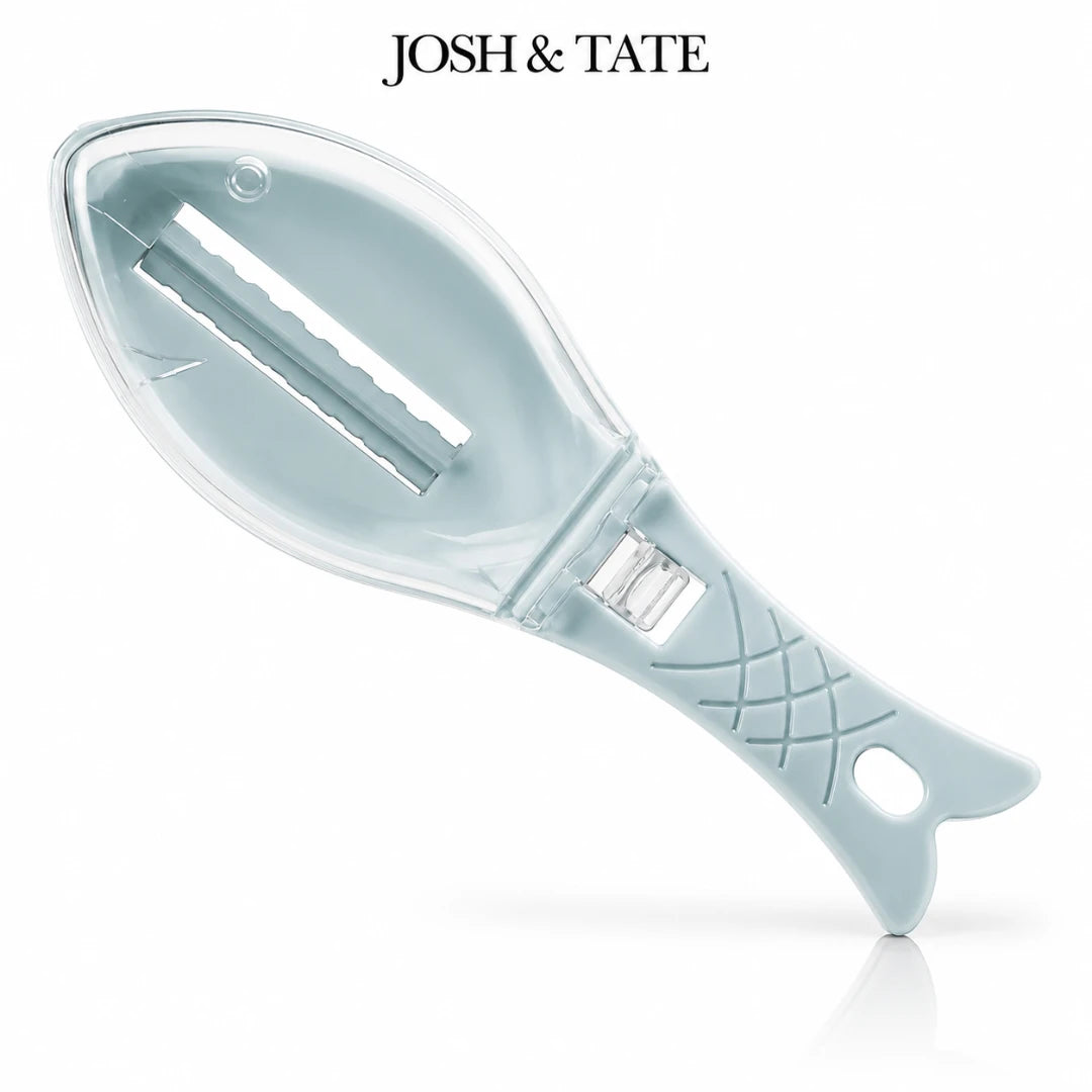Josh & Tate - ScalePod™ Mess-Free Fish Scaler - Light blue fish-shaped peeler with 'Josh & Tate' branding on a white background