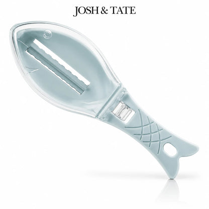 Josh & Tate - ScalePod™ Mess-Free Fish Scaler - Light blue fish-shaped peeler with 'Josh & Tate' branding on a white background