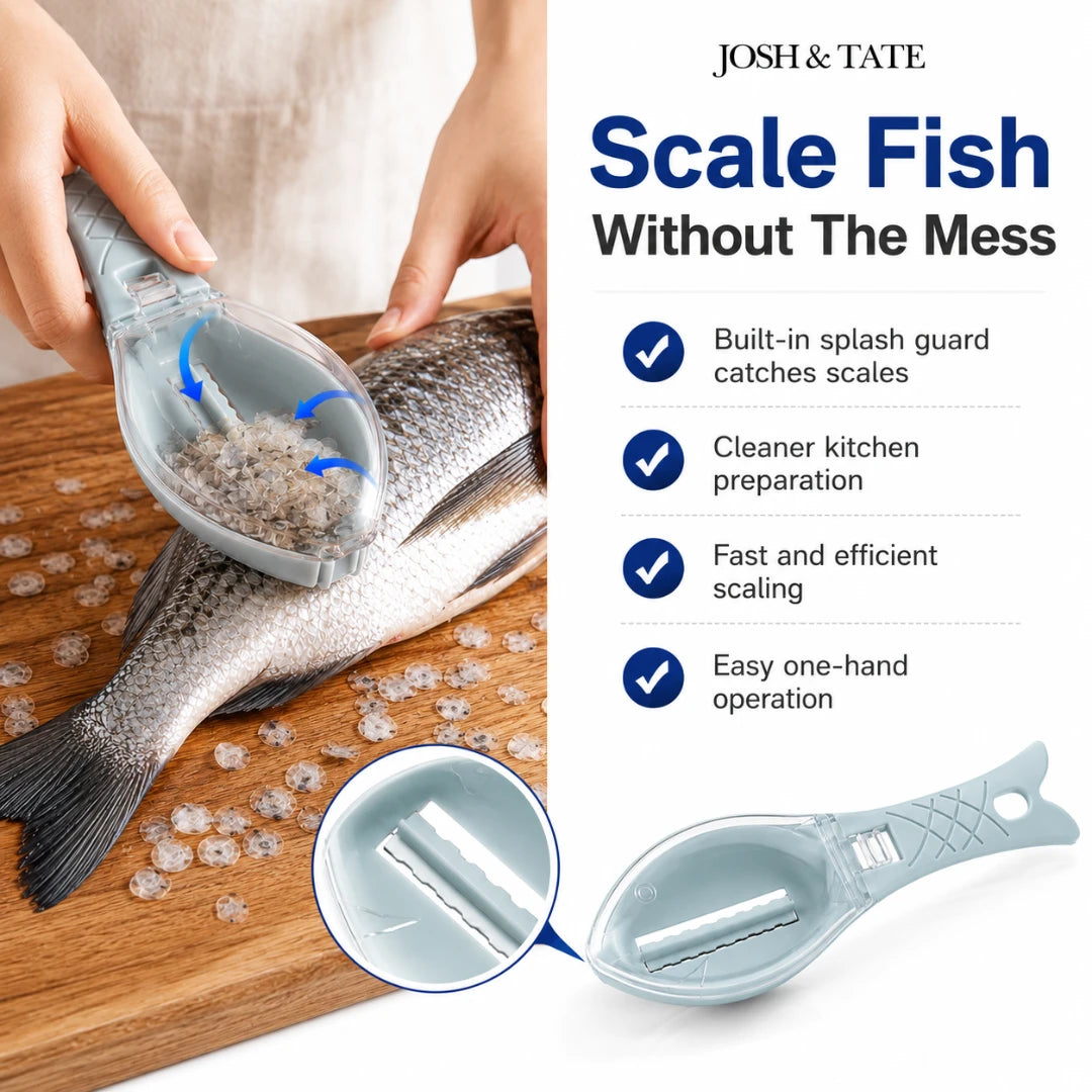 Josh & Tate - ScalePod™ Mess-Free Fish Scaler - Fish scaler being used on a fish with product features highlighted on the right.