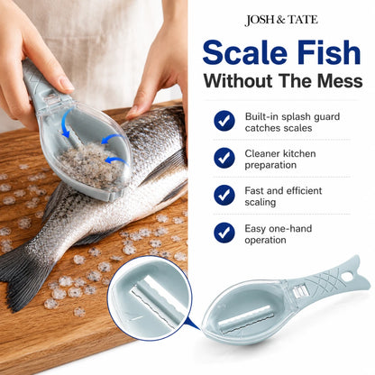 Josh & Tate - ScalePod™ Mess-Free Fish Scaler - Fish scaler being used on a fish with product features highlighted on the right.