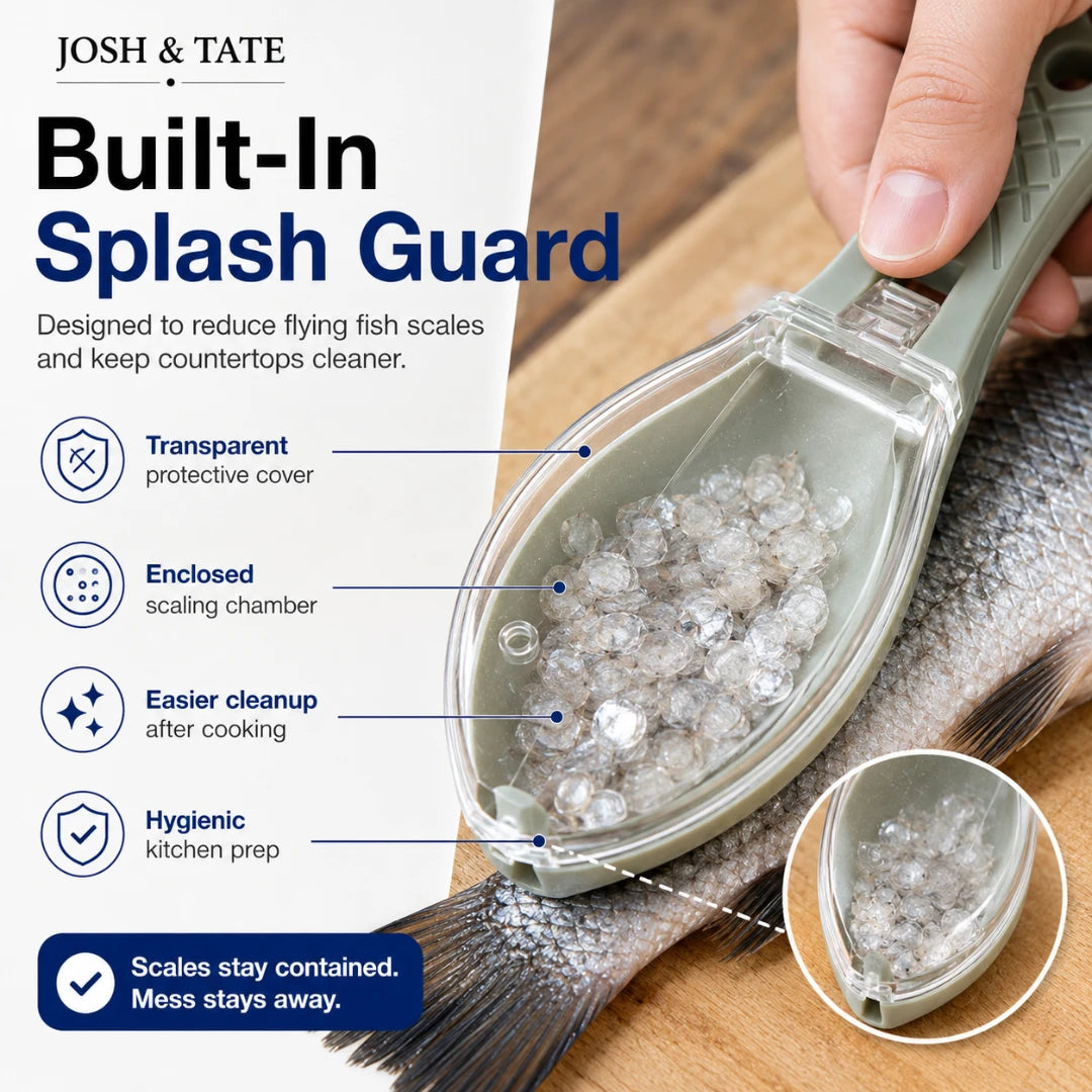 Josh & Tate - ScalePod™ Mess-Free Fish Scaler - Fish cleaning tool with built-in splash guard on a wooden surface, featuring Josh & Tate branding.