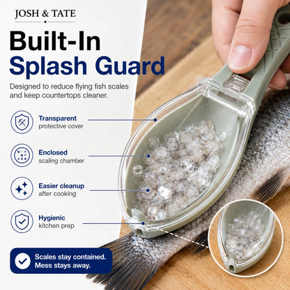 Josh & Tate - ScalePod™ Mess-Free Fish Scaler - Fish cleaning tool with built-in splash guard on a wooden surface, featuring Josh & Tate branding.
