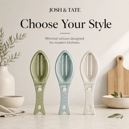 Josh & Tate - ScalePod™ Mess-Free Fish Scaler - Decorative spoons in green, blue, and white on a kitchen counter with 'Josh & Tate' branding.