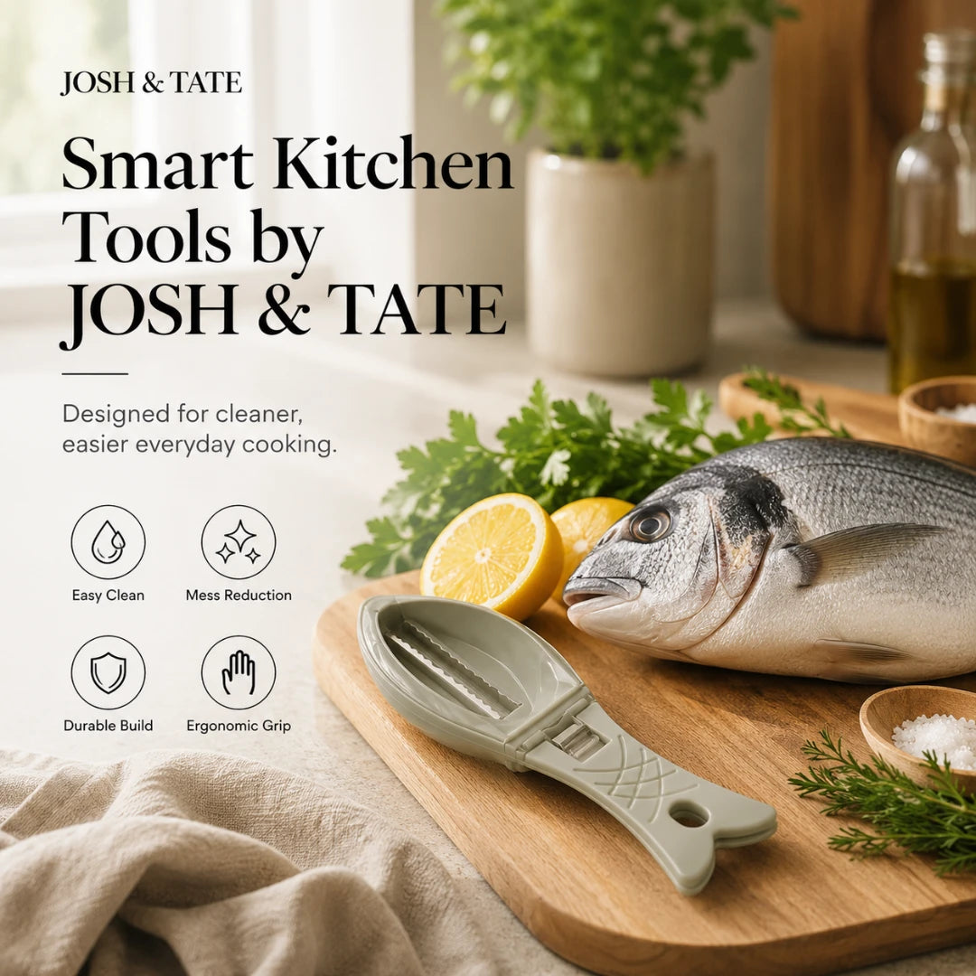Josh & Tate - ScalePod™ Mess-Free Fish Scaler - Smart kitchen tool on a cutting board with fish and lemons, featuring Josh & Tate branding.