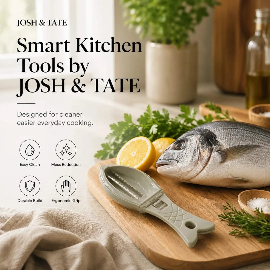 Josh & Tate - ScalePod™ Mess-Free Fish Scaler - Smart kitchen tool on a cutting board with fish and lemons, featuring Josh & Tate branding.