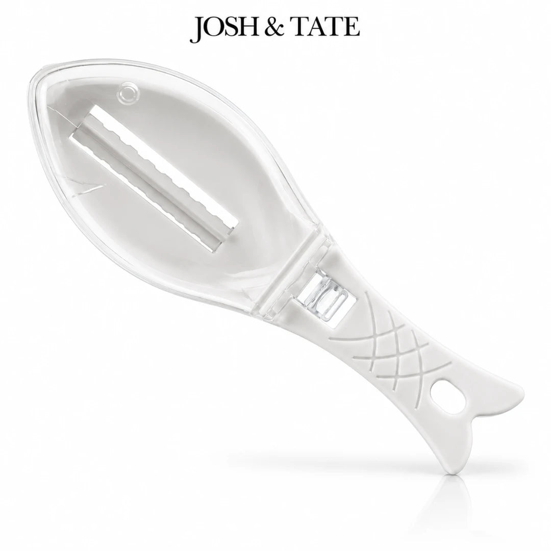 Josh & Tate - ScalePod™ Mess-Free Fish Scaler - White fish-shaped tool with 'Josh & Tate' branding on a white background