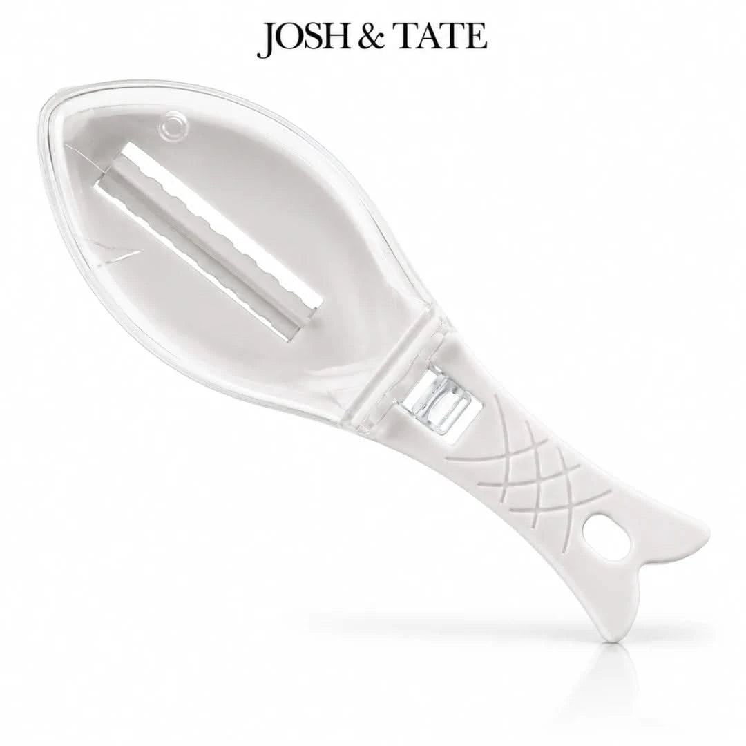 Josh & Tate - ScalePod™ Mess-Free Fish Scaler - White fish-shaped tool with 'Josh & Tate' branding on a white background