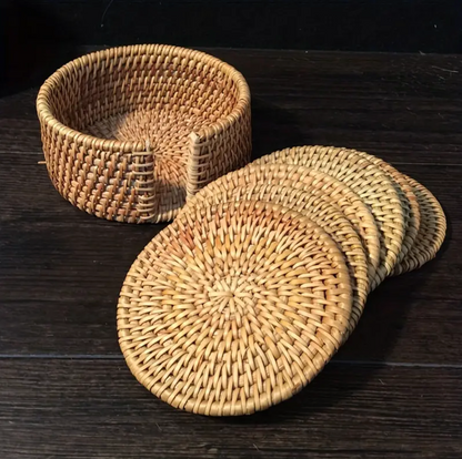 Rustic Weave Bamboo Rattan Coaster Set