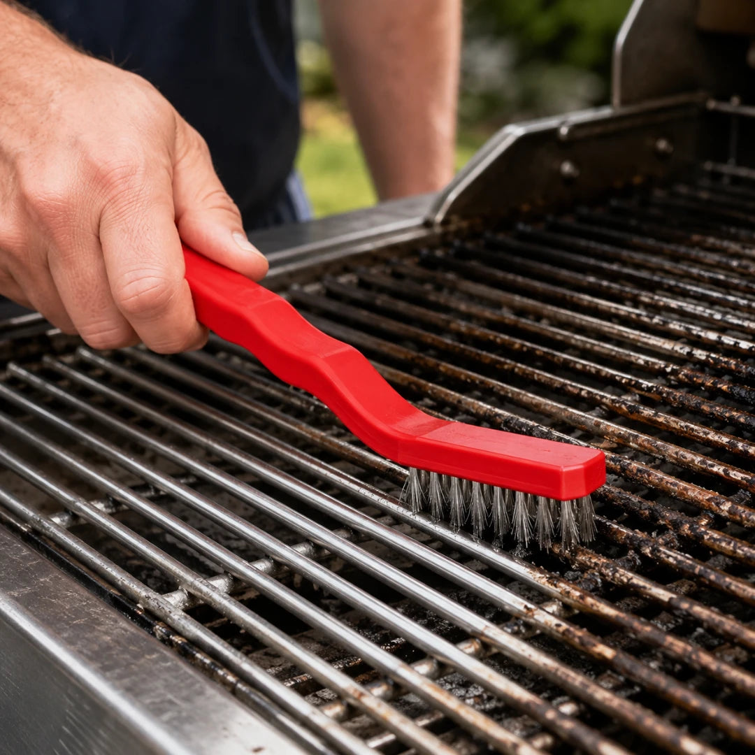 Josh & Tate - ScrubEdge™ 5-Piece Cleaning Set - A close-up of a person's hand holding a red silicone grill cleaning brush and scrubbing a dirty metal grill grate outdoors.