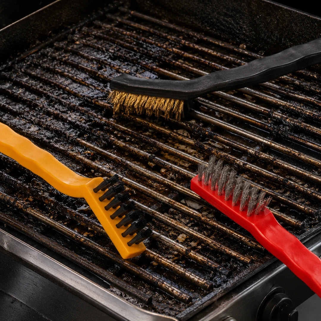 Josh & Tate - ScrubEdge™ 5-Piece Cleaning Set - Three cleaning brushes with black bristles resting on a dirty grill grate. One brush has a yellow handle, one has a red handle, and one has a black handle.
