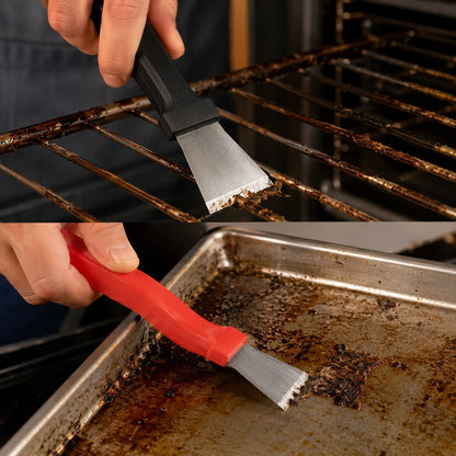 Josh & Tate - ScrubEdge™ 5-Piece Cleaning Set - A split-screen demonstration of a cleaning scraper tool. The top half shows a hand using a black-handled scraper to remove burnt food from a metal grill rack.