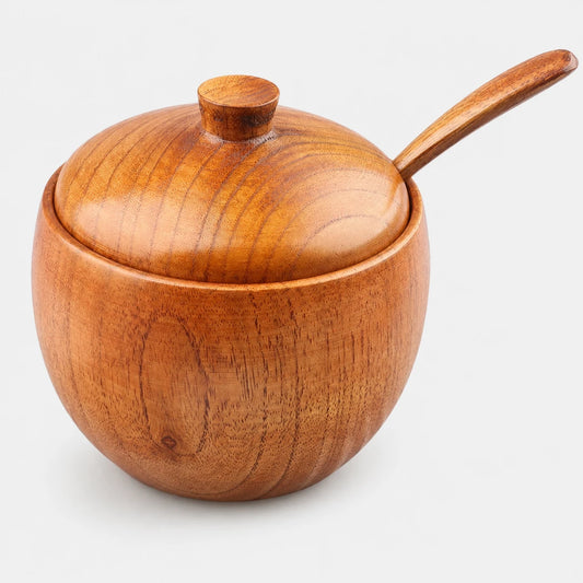 Josh & Tate - Seasoning Can Solid Wood Sour Jujube Solid Seasoning Box - A round wooden bowl with a matching lid and a small wooden spoon, shown on a clean light gray background.